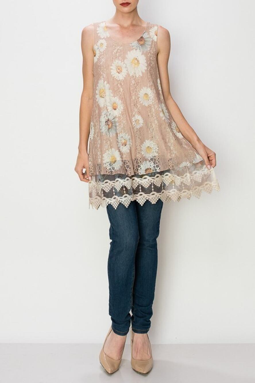 Origami Beige Daisy Sleeveless Tunic Small